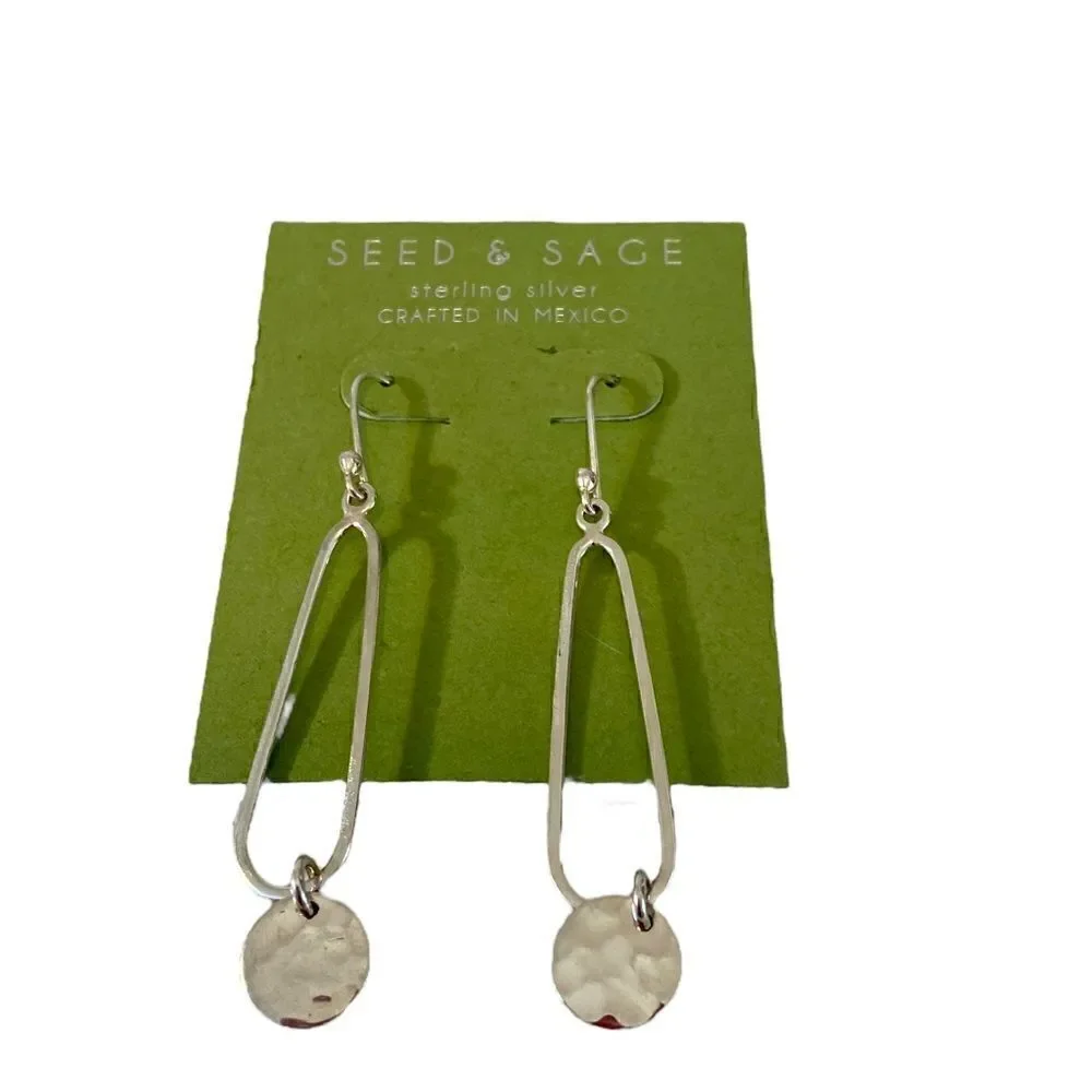 Seed & Sage Hammered Silver Toned Long Drop Small Disc Earrings.